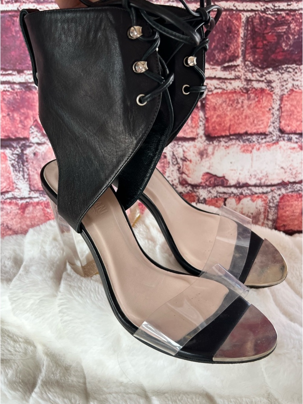 Ritch Erani NYFC Black Leather Lace-Up Ankle Cuff Clear PVC Heels